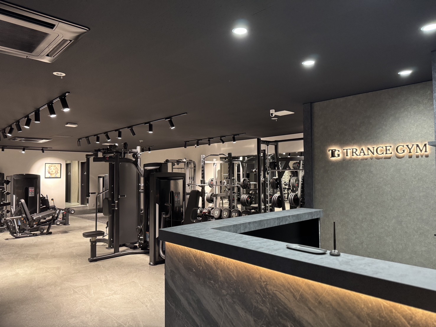 Interior of a modern gym with weight machines, racks of barbells, and a front reception desk; TG Trance Gym sign on the wall behind.